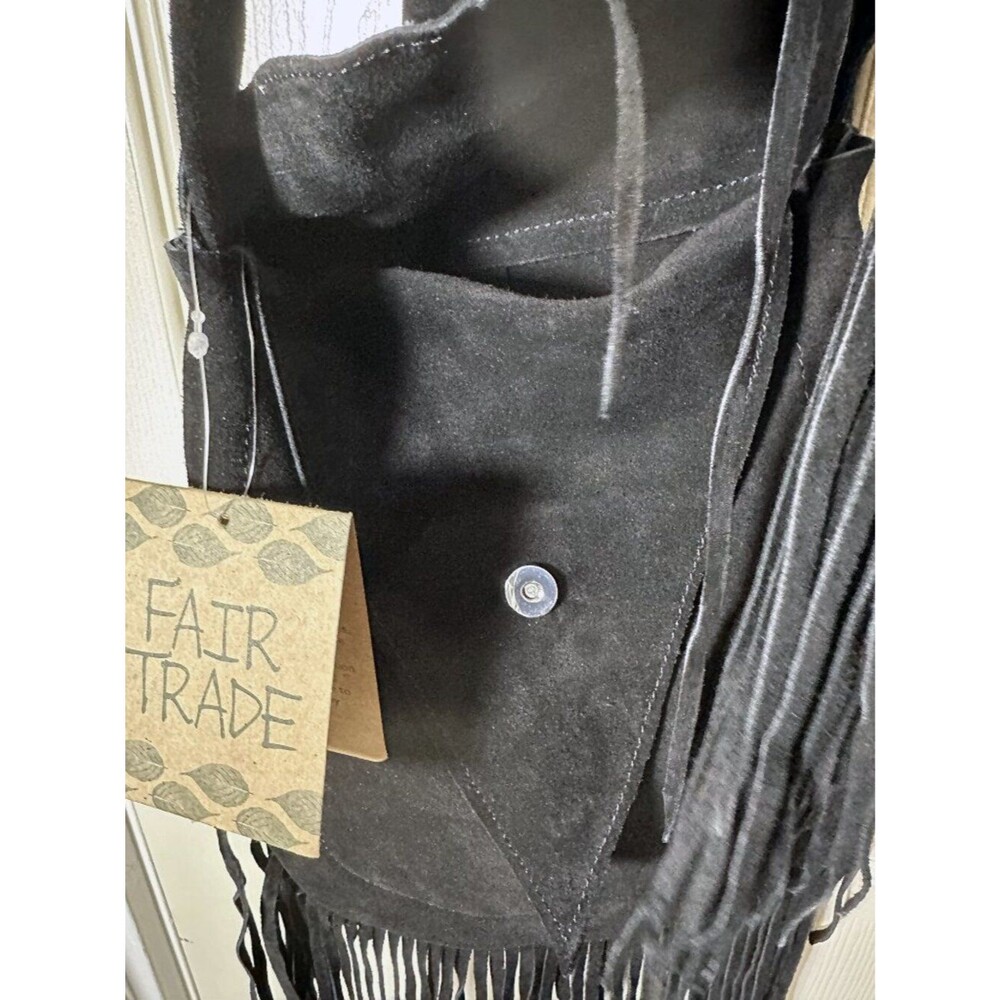 NWT Elegant Black Suede Leather Fringe Purse Bag Bohemian Boho Fair Trade India - Picture 6 of 13